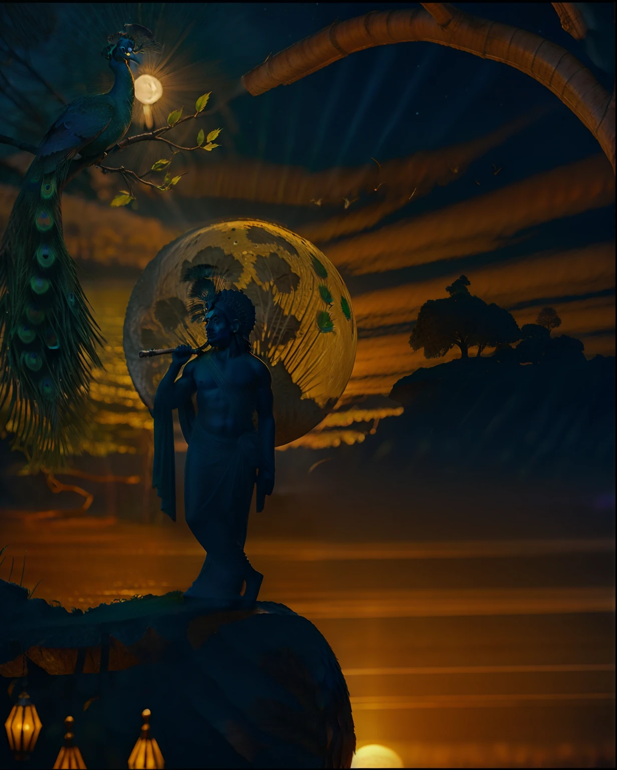 Hindu god Krishna with peacock feather on his head playing flute, near a lake, in night with detailed moon in the background, with tree and peacock, 8k uhd quality, extremely detailed lighting, extremely detailed background, radiant light rays, best masterpiece, soft light, foggy night, mesmerising view, cinematic, depth of field, magical, godly, epic,