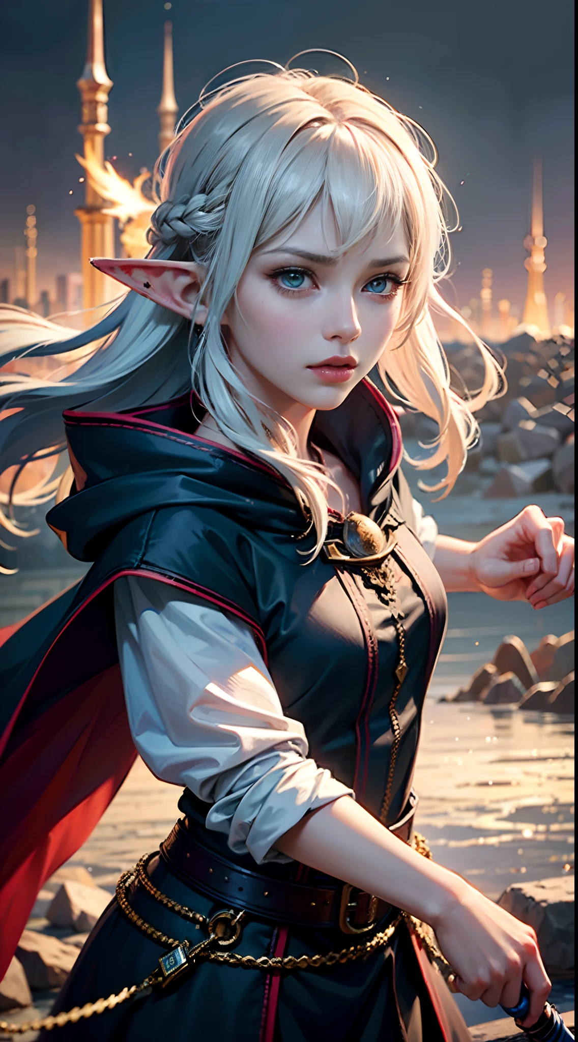 (skindentation:1.5), Realistic, Photorealistic, (masterpiece:1.5), concept art, intricate details, highly detailed, photorealistic, octane render, 8k, unreal engine, dynamic pose, best quality, highres, (realistic face:1.1), (hyperrealistic:1.1), ((close-up face:1.3)), perfect eyes,(shiny skin:1.2), (((hairstyle))), (((perfect hands))), (extremely detailed background), ((dynamic background)), ((lightning)), (light rays), ((1girl,elf)),wearing cloak, (((flowing cloak))), ((detailed eyes, high quality eyes, high quality face)), (extremely intricate robes, magical robes), wavy hair, braided hair,casting lightning, electricity, swirling fire, radiating power, sparks, magic arts,smoke, magic, ((dramatic)), epic, ((in the battlefield:1.3)), depth of field, bokeh, 4k, gothic, ember, particles,serious expression,strong gaze,white hair,There is some dust on the face,frown,angry,Using Magic,fighting stance