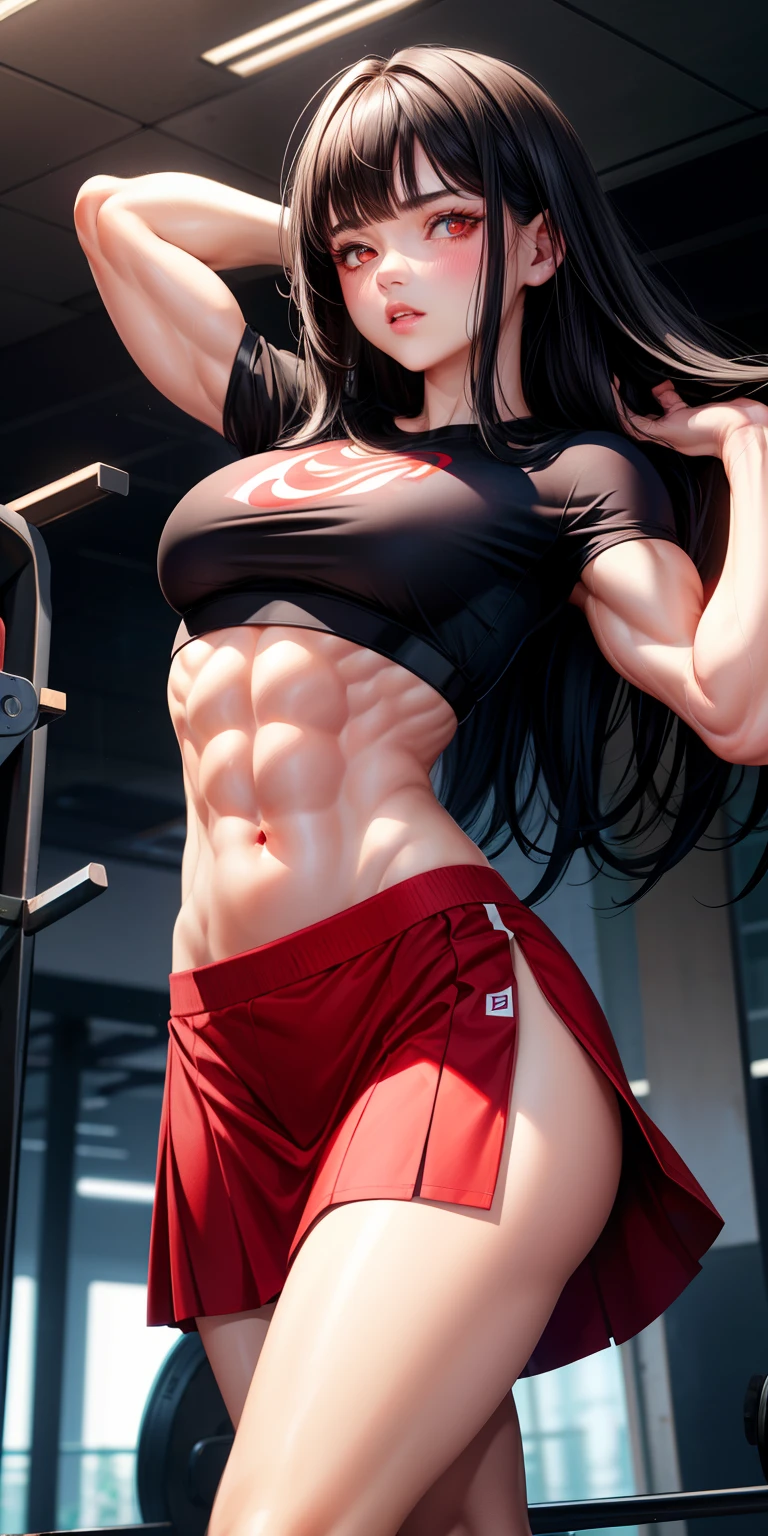 realistic, 1girl, black hair, red eyes, glowing eyes, crop top, skirt, parted lips, blush, gym, abs, muscles, biceps