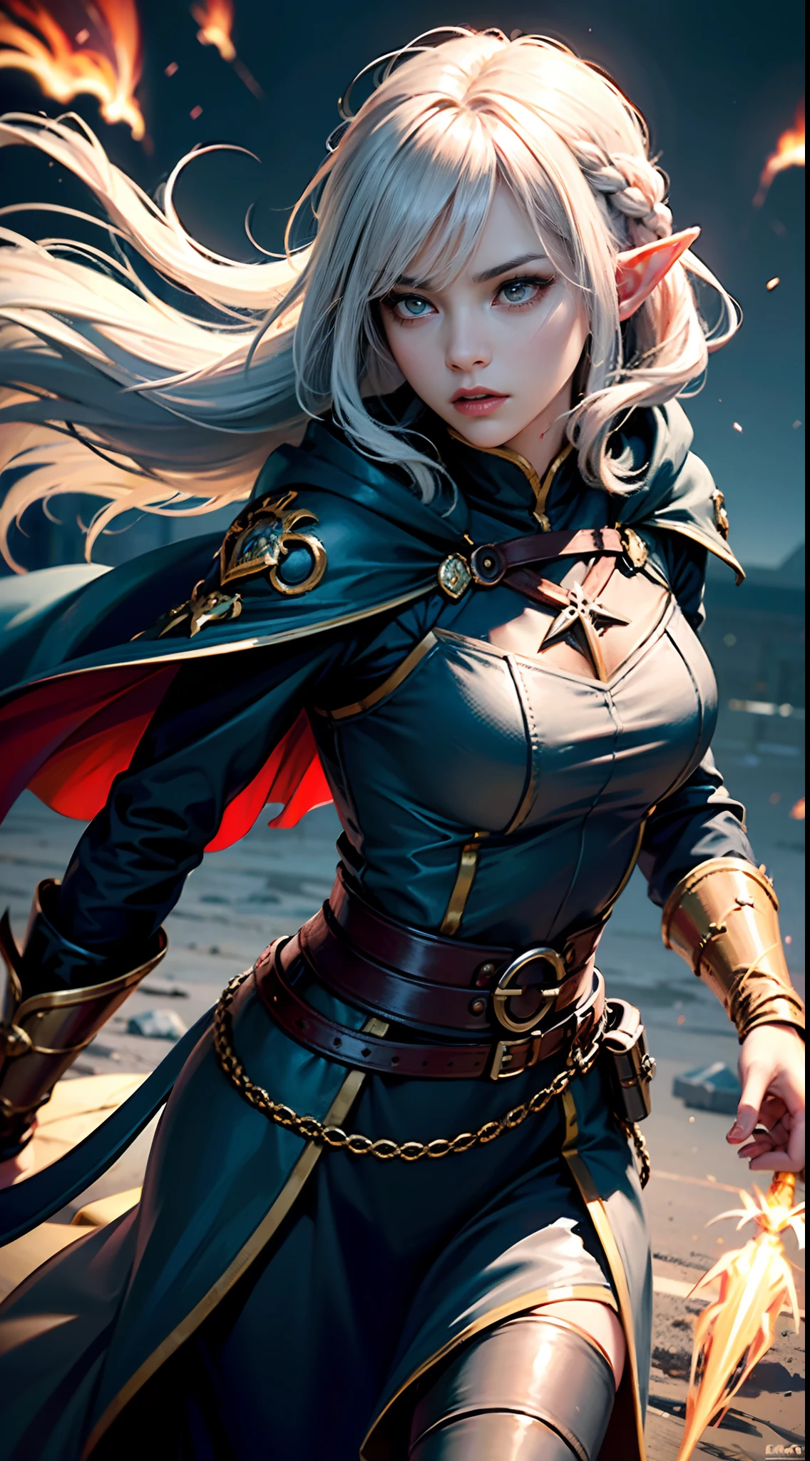 (skindentation:1.5), Realistic, Photorealistic, (masterpiece:1.5), concept art, intricate details, highly detailed, photorealistic, octane render, 8k, unreal engine, dynamic pose, best quality, highres, (realistic face:1.1), (hyperrealistic:1.1), ((close-up face:1.3)), perfect eyes,(shiny skin:1.2), (((hairstyle))), (((perfect hands))), (extremely detailed background), ((dynamic background)), ((lightning)), (light rays), ((1girl,elf)),wearing cloak, (((flowing cloak))), ((detailed eyes, high quality eyes, high quality face)), (extremely intricate robes, magical robes), wavy hair, braided hair,casting lightning, electricity, swirling fire, radiating power, sparks, magic arts,smoke, magic, ((dramatic)), epic, ((in the battlefield:1.3)), depth of field, bokeh, 4k, gothic, ember, particles,serious expression,strong gaze,white hair,There is some dust on the face,frown,angry,Using Magic,fighting stance