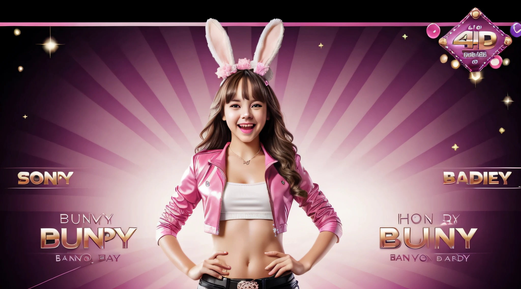 1girl, solo, bunny band, jacket, banner template, rich, promotion banner, ads banner, blank space, gradient background, slot game ornament, theme, realistic, uhd, 4k, happy face, smile, laugh, cheerful, surprissed, happy pose, dynamic pose, minimalism, banner template, casino game ornament,