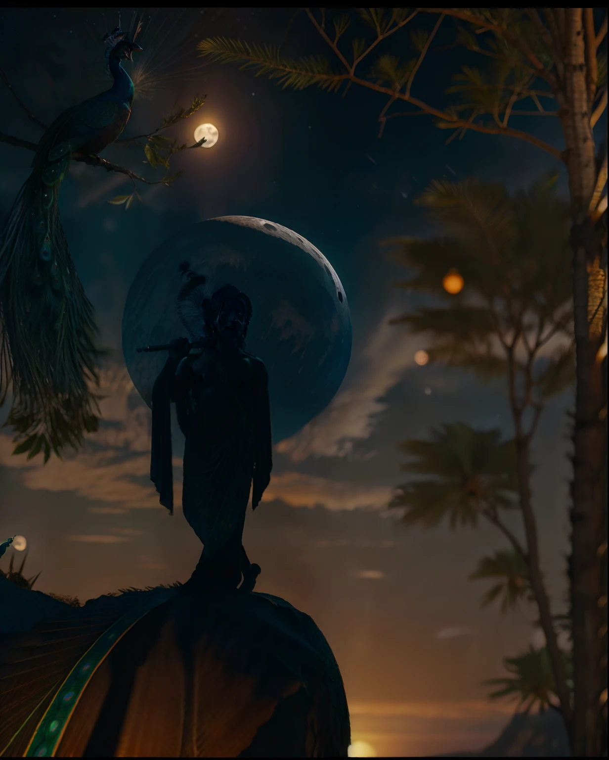 Hindu god Krishna with peacock feather on his head playing flute, near a lake, in night with detailed moon and dark night sky with galactic stars in the background, with peacock, 8k uhd quality, extremely detailed lighting, extremely detailed background, best masterpiece, soft light, foggy night, mesmerising view, cinematic, depth of field, magical, godly, epic,