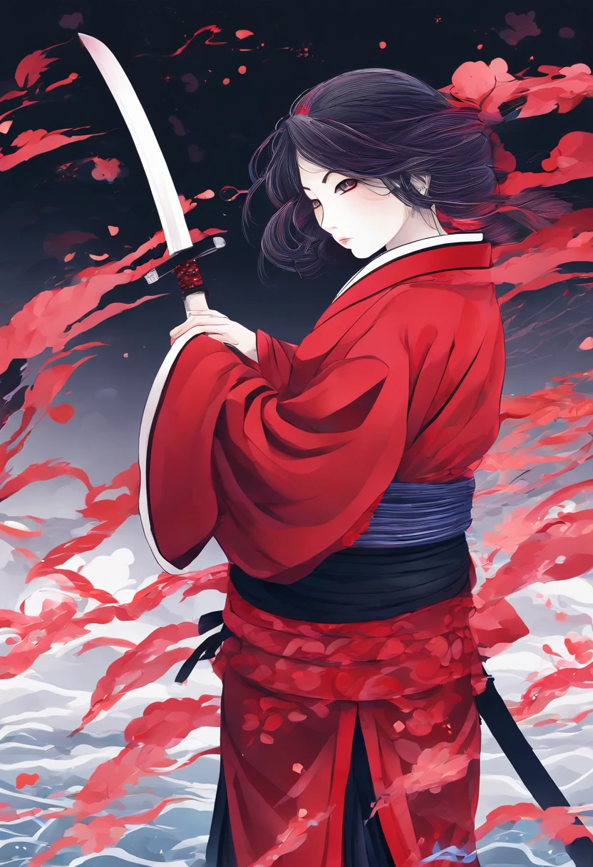 Una mujer utilizando un kimono rojo y negro,tiene cabello violeta oscuro,pelo violeta,Su rostro es serio,ojos negros,He is holding the handle of a katana that radiates water-like energy...
