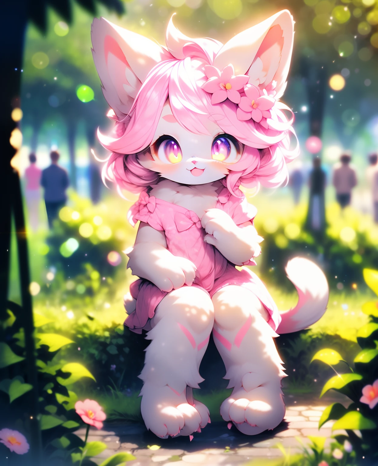 (sitting:1.2), knees up body, looking at viewer, smile,
(furry cat girl:1.2),(furry female:1), body fur, pink hair,pink eyes,pink cat ears, pink skin,
pajama,
in garden, depth of field,kawaii,petit,