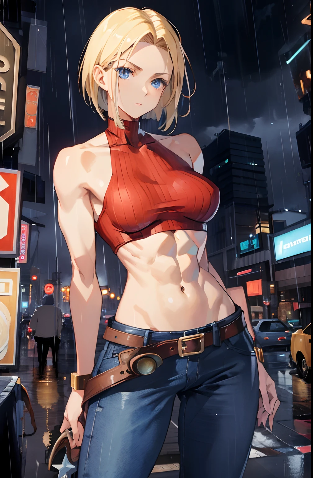 maryms, Best Quality,(beauty), 1girl,phisically-based render ,ultra highres,(cowboy shot:1.5),narrow waist, skinny, LeonaMS ,muscular, big blue eyes,long legs,jeans,leather belt,small breasts,puffy eyes, leather belt,(rainy city), shiny skin, facing viewer, Victory posture,