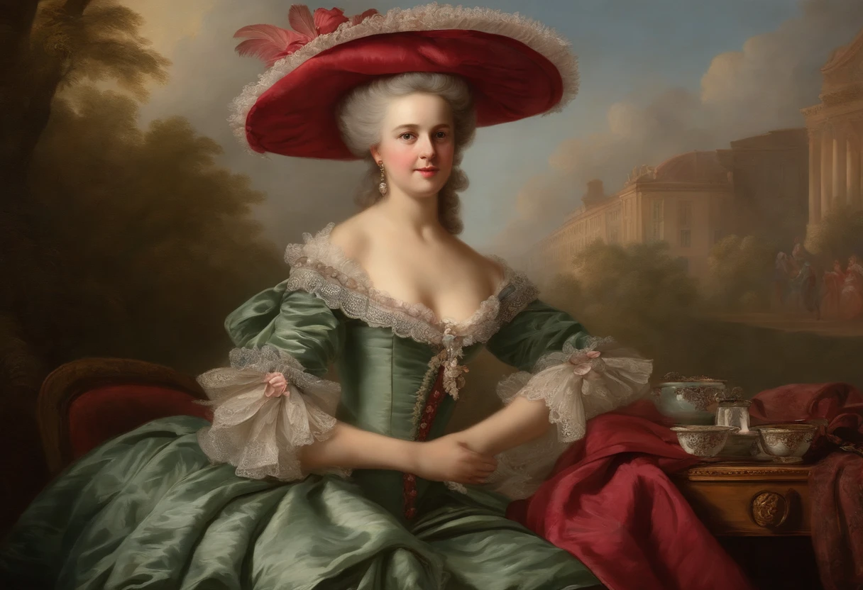 Dance Party, LWSH, Elegant dress with corset bodice, The fabric layer is ruffled., And a large feather hat., Show the glamour of the aristocracy., Marie Antoinette, 18th century art, Rococo Portrait, Adelaide Labill - Giard, Rococo-style portrait, Rococo art style, Rococo Art, by Adélaïde Labille-Guiard, by Jean-François de Troy