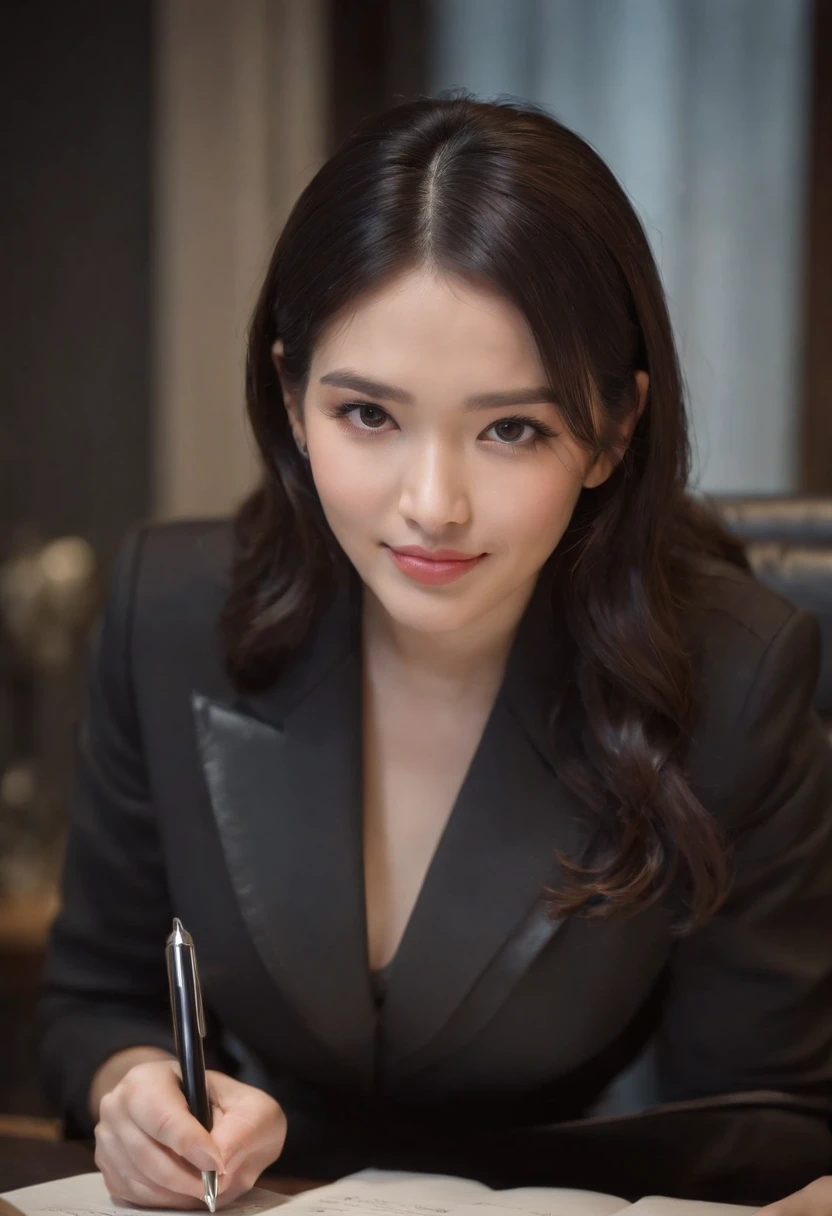 Wearing black leather gloves in both hands, upper body, black business suit, facing the desk in the modern study in the dark, looking down, smiling, writing a letter using a fountain pen, long, straight black hair, young and cute face Japanese female new employee (black leather gloves cover both hands)