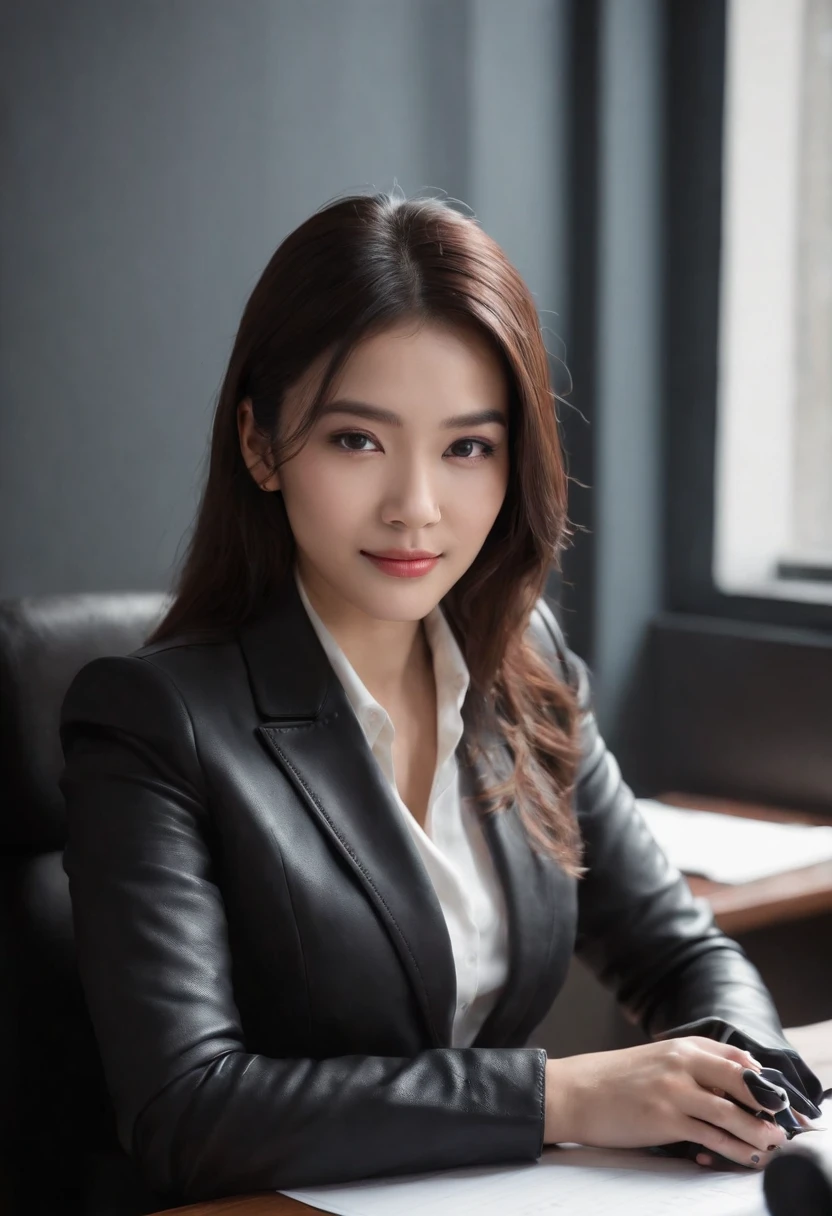 Wearing black leather gloves in both hands, upper body, black business suit, facing the desk in the modern study in the dark, looking down, smiling, writing a letter using a fountain pen, long, straight black hair, young and cute face Japanese female new employee (black leather gloves cover both hands)