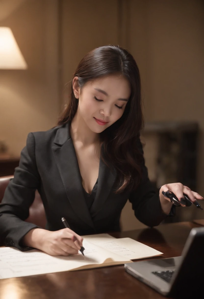 Wearing black leather gloves in both hands, upper body, black business suit, facing the desk in the modern study in the dark, looking down, smiling, writing a letter using a fountain pen, long, straight black hair, young and cute face Japanese female new employee (black leather gloves cover both hands)
