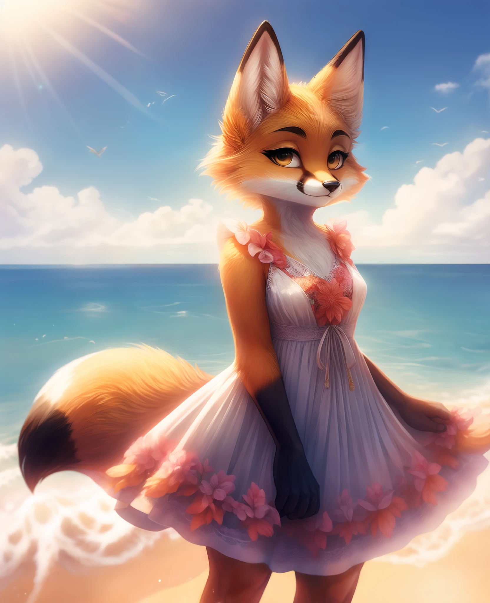 (furry, furry female, fox furry girl:1.2), Sicily background, sundress, sea, sky, white buildings,