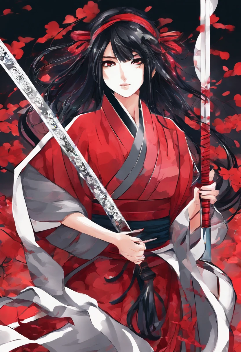 Una mujer utilizando un kimono rojo y negro,tiene cabello violeta oscuro,cabello violeta,Su rostro es serio,ojos negros,He is holding the handle of a katana that radiates water-like energy.....
