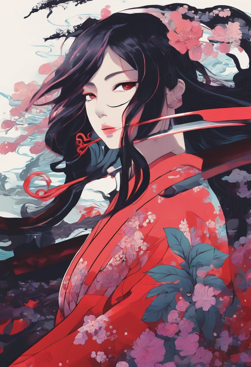 Una mujer utilizando un kimono rojo y negro,tiene cabello violeta oscuro,cabello violeta,Su rostro es serio,ojos negros,He is holding the handle of a katana that radiates water-like energy.....