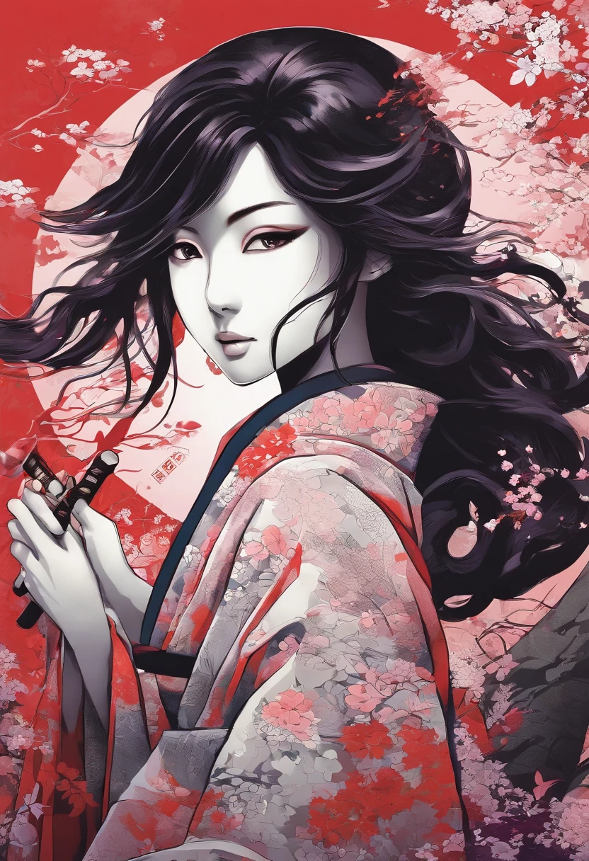 Una mujer utilizando un kimono rojo y negro,tiene cabello violeta oscuro,cabello violeta,Su rostro es serio,ojos negros,He is holding the handle of a katana that radiates water-like energy.....