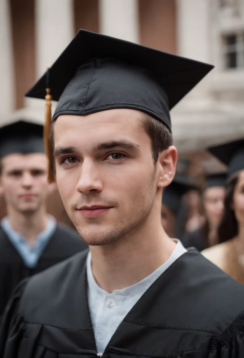 Cinematic portrait, (medium close up), facing the audience, (Reality :1.3), a man looking at the camera, modern college gown and cap, detailed beautiful faces, action shots, college background, graduation season, background blurred, joyful atmosphere, photo realistic, CG, Art Station