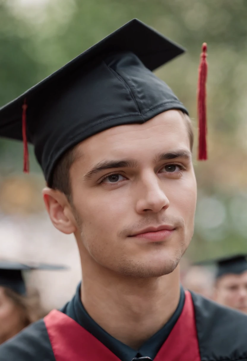 Cinematic portrait, (medium close up), facing the audience, (Reality :1.3), a man looking at the camera, modern college gown and cap, detailed beautiful faces, action shots, college background, graduation season, background blurred, joyful atmosphere, photo realistic, CG, Art Station