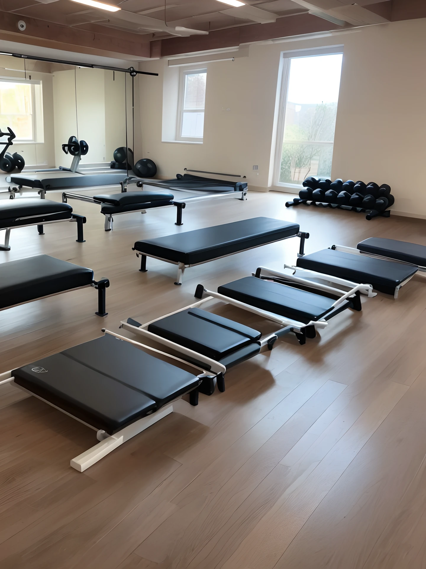 gym room，Narrow and elongated space，Mild tones，The instruments are neat，There is a reception，Coffee area，There is a Pilates room