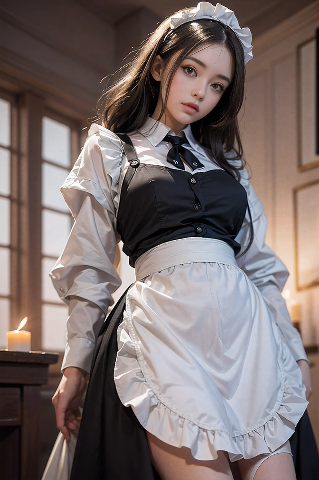 ((best Quality: 1.4)), (Unparalleled Masterpiece), (Ultra High Definition) , (Ultra Realistic 8k CG),(half body image from head to thigh),(ultra detailed),(maid ),(art by Jean Baptiste Monge), highly detailed maid clothes, half_apron ,stunningly beautiful , highly detailed beautiful hair , highly detailed hairstyle, cinematic, happy ,in old western house, candle lighting, Use a backlighting effect to add depth to the image, Anisotropic Filtering, Depth of Field, Maximum clarity and sharpness, ,8 life size , thicc body:0.8 ,perfect anatomy , symmetrical and balanced, beautiful gradient , sharp focus, golden ratio, Centered image, Beautiful Composition,