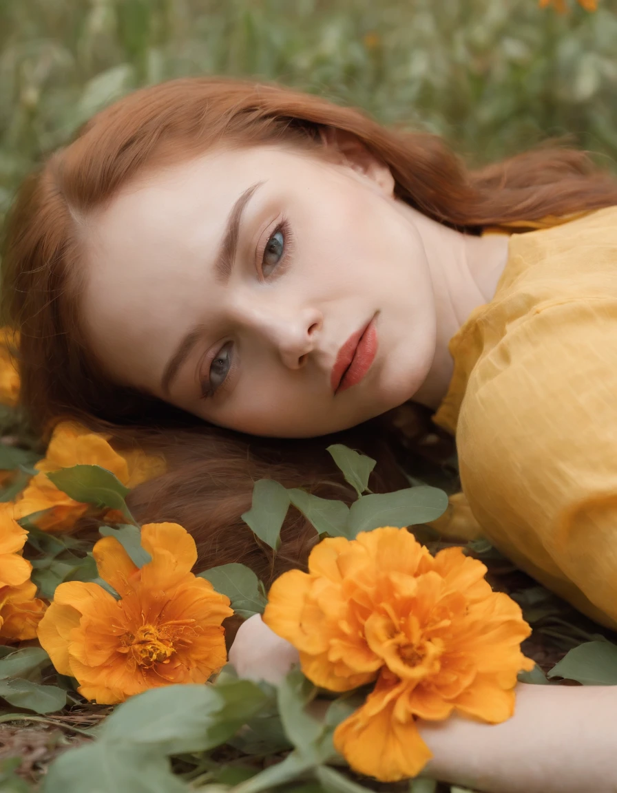 a young woman laying on the floor laying down in a yellow shirt with orange flower, in the style of wangechi mutu, light cyan and light bronze, high quality photo, ethereal foliage, barkley l. hendricks, anka zhuravleva, symbolic images
