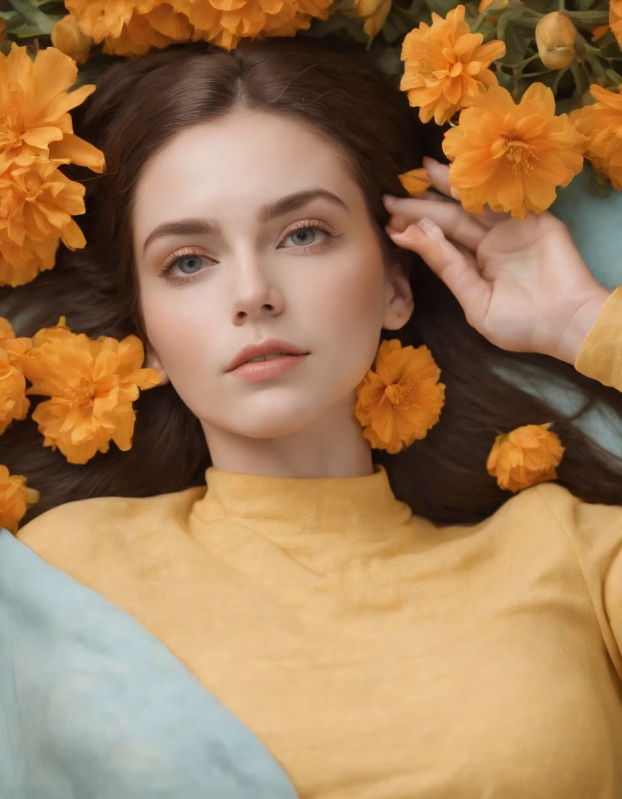 a young woman laying on the floor laying down in a yellow shirt with orange flower, in the style of wangechi mutu, light cyan and light bronze, high quality photo, ethereal foliage, barkley l. hendricks, anka zhuravleva, symbolic images