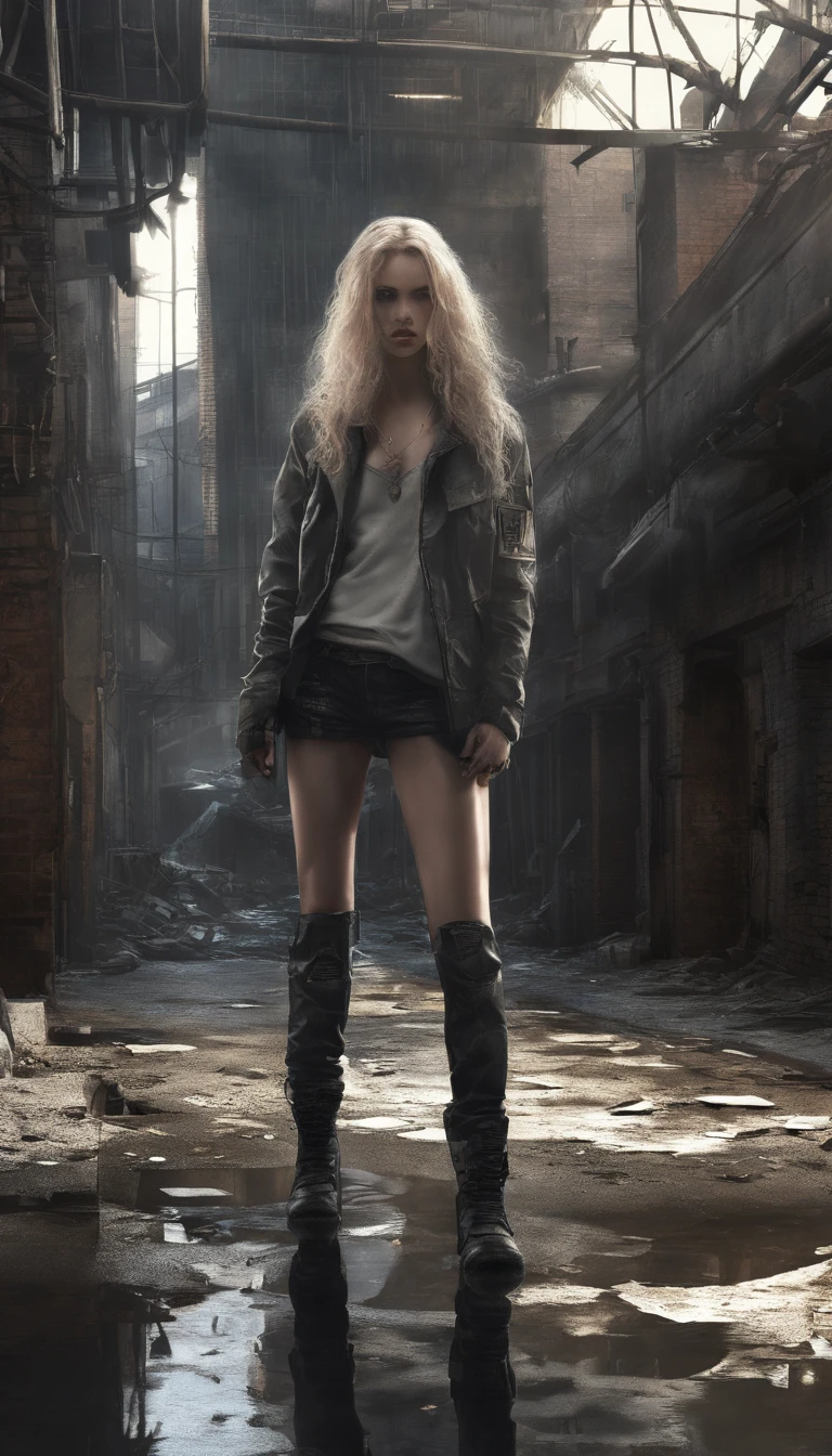 (best quality,highres:1.2),ultra-detailed,(realistic:1.37)
beautiful ((pale)) woman (18 year old) woman, completely (naked), spread legs, showing ((pussy)), curly (blond) hair, implied sex, (topless), distressed, dystopian alley, dramatic lighting, desaturated color palette, abandoned vehicles, crumbling walls, flickering neon signs, rain-soaked pavement, steam rising from manholes, graffiti-covered walls, shattered glass, shadows and reflections, intense gaze, torn and tattered clothing, scattered trash, puddles of water, posters peeling off, wet hair clinging to the face, wet and shiny skin, urban decay, dilapidated buildings, mysterious ambiance
