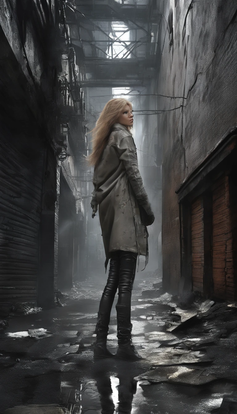 (best quality,highres:1.2),ultra-detailed,(realistic:1.37)
beautiful ((pale)) woman (18 year old) woman, completely (naked), spread legs, showing ((pussy)), curly (blond) hair, implied sex, (topless), distressed, dystopian alley, dramatic lighting, desaturated color palette, abandoned vehicles, crumbling walls, flickering neon signs, rain-soaked pavement, steam rising from manholes, graffiti-covered walls, shattered glass, shadows and reflections, intense gaze, torn and tattered clothing, scattered trash, puddles of water, posters peeling off, wet hair clinging to the face, wet and shiny skin, urban decay, dilapidated buildings, mysterious ambiance
