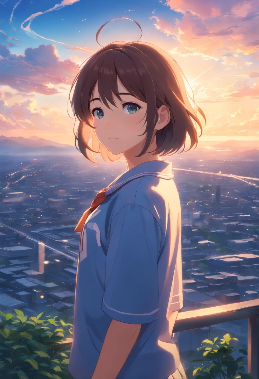 Bloom light, 1girl, Wearing school clothes, looking at viewer, Masterpiece, (anime style), glowing, hyper-realistic, ultra resolution, realism, 8k, (Vast sky:1.5)