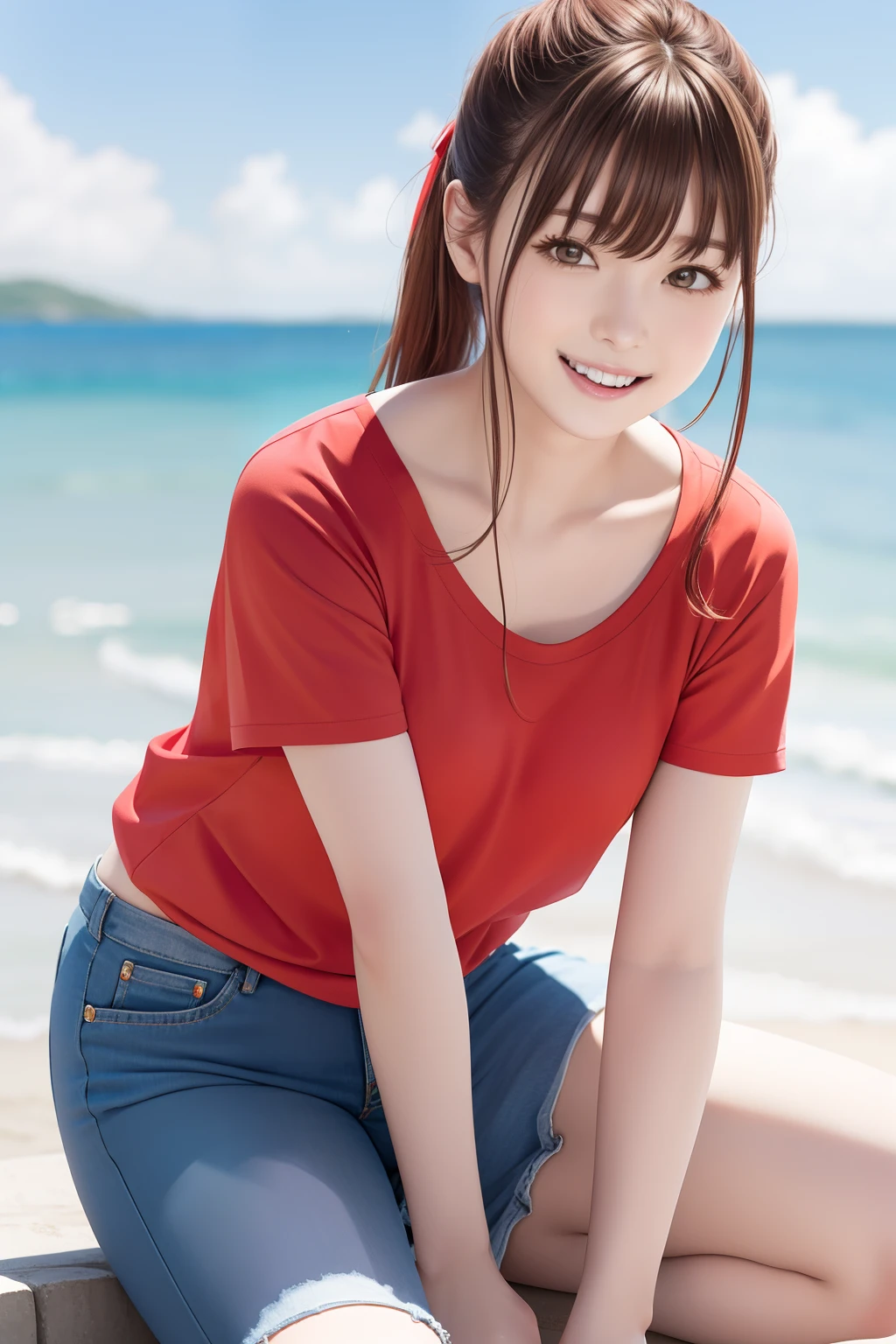 FULL BODYSHOT、top-quality、hight resolution、Red-brown hairs、Cheerful woman、A smile、PinkＴThe shirt、denim hot-pants、Sweaty skin、side poneyTail、shores、sea side、blue-sky、I'm excited、lightly dressed