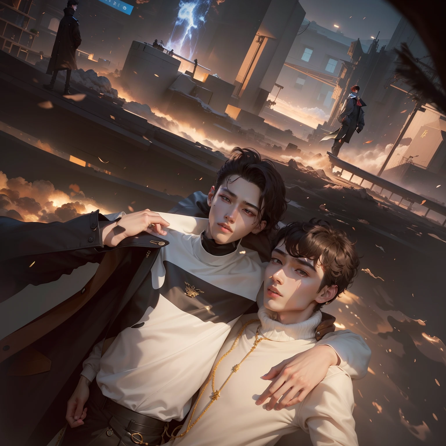 high high quality,A man wearing a necklace and coat stands in front of a white background, Cai Xukun, yanjun cheng, wearing a turtleneck and jacket, he is wearing a brown sweater, he has short curly brown hair, inspired by jeonseok lee, he has an elongated head shape, xqc, with same hairstyle, Solid Backgroud