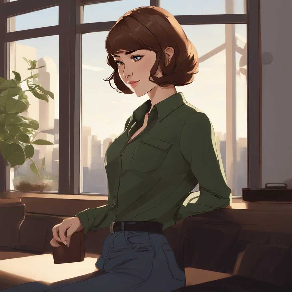 An anime character of a woman wearing a black shirt, long sleeves and blue jeans, Short brown hair, Neck length, Green eyes, a digital painting inspired by Tomer Hanuka, trending on pixiv, serial art, heavy gesture style closeup, full body detailing, wearing casual cloths, Style anime, anime style hyper detailed, anime style character, eye-catching detailed art style, realistic art style, clean and meticulous anime style, modern anime style, Brown hair