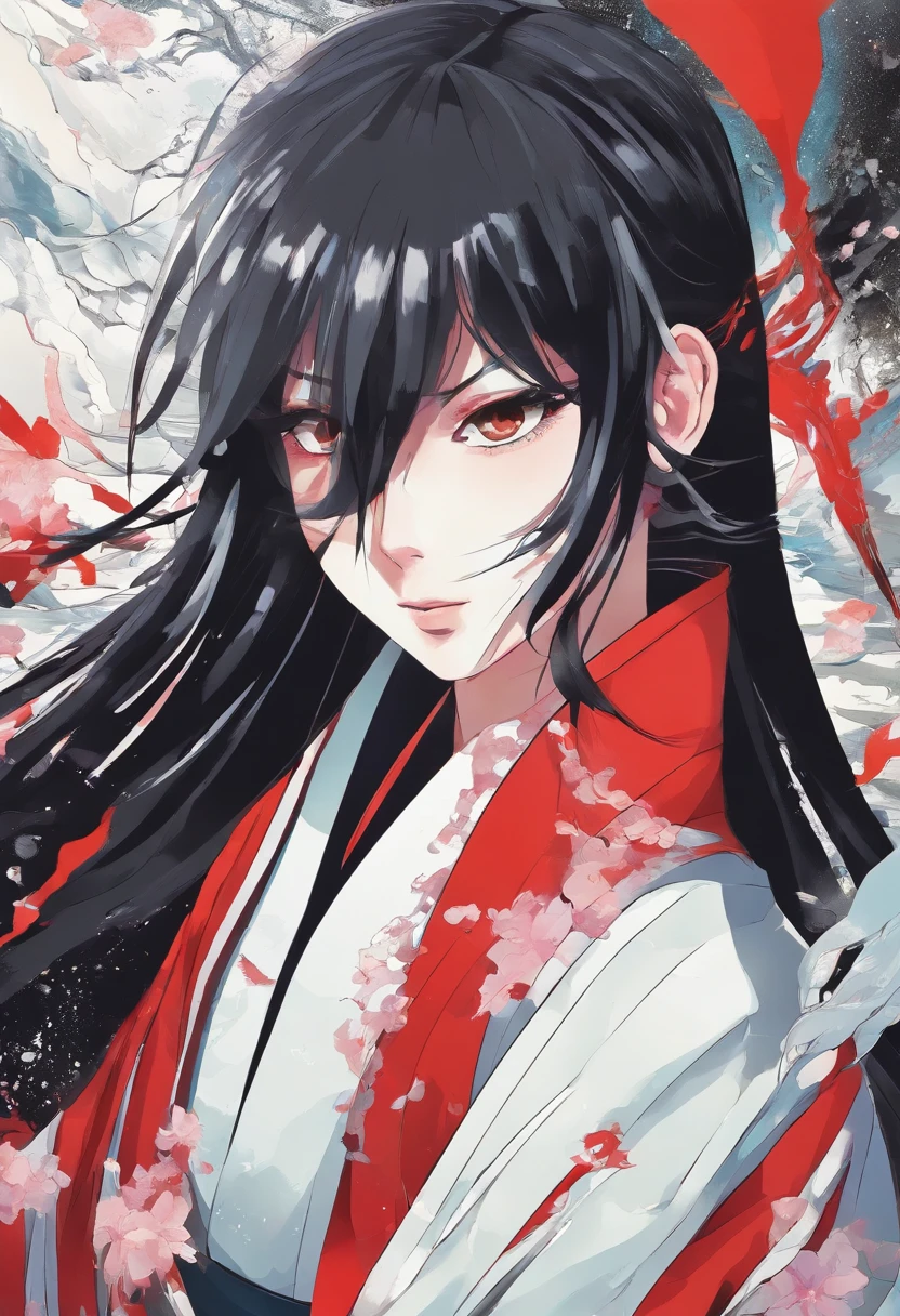 Una mujer utilizando un kimono rojo y negro,tiene cabello violeta oscuro,cabello violeta,Su rostro es serio,ojos negros,He is holding the handle of a katana that radiates water-like energy.......,estilo shusuke murata, one punch man