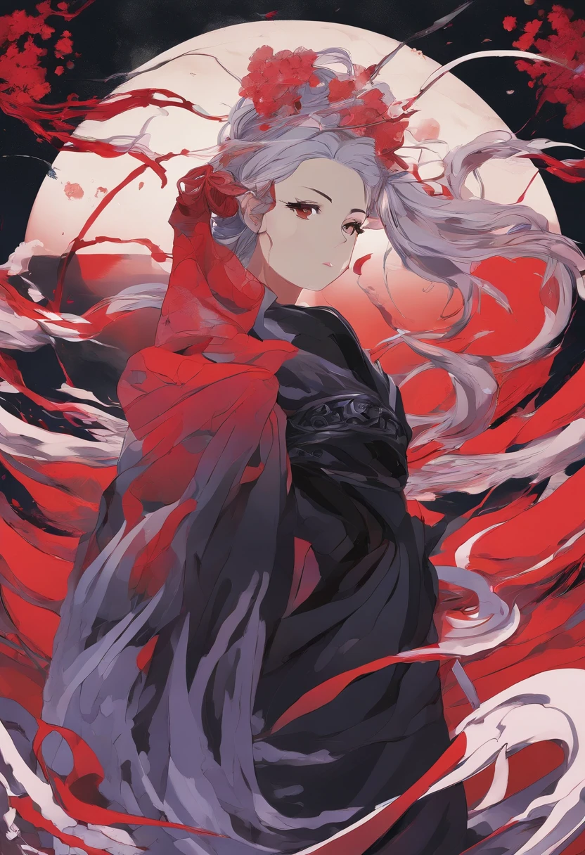 Una mujer utilizando un kimono rojo y negro,tiene cabello violeta oscuro,cabello violeta,Su rostro es serio,ojos negros,He is holding the handle of a katana that radiates water-like energy.......,estilo shusuke murata, one punch man
