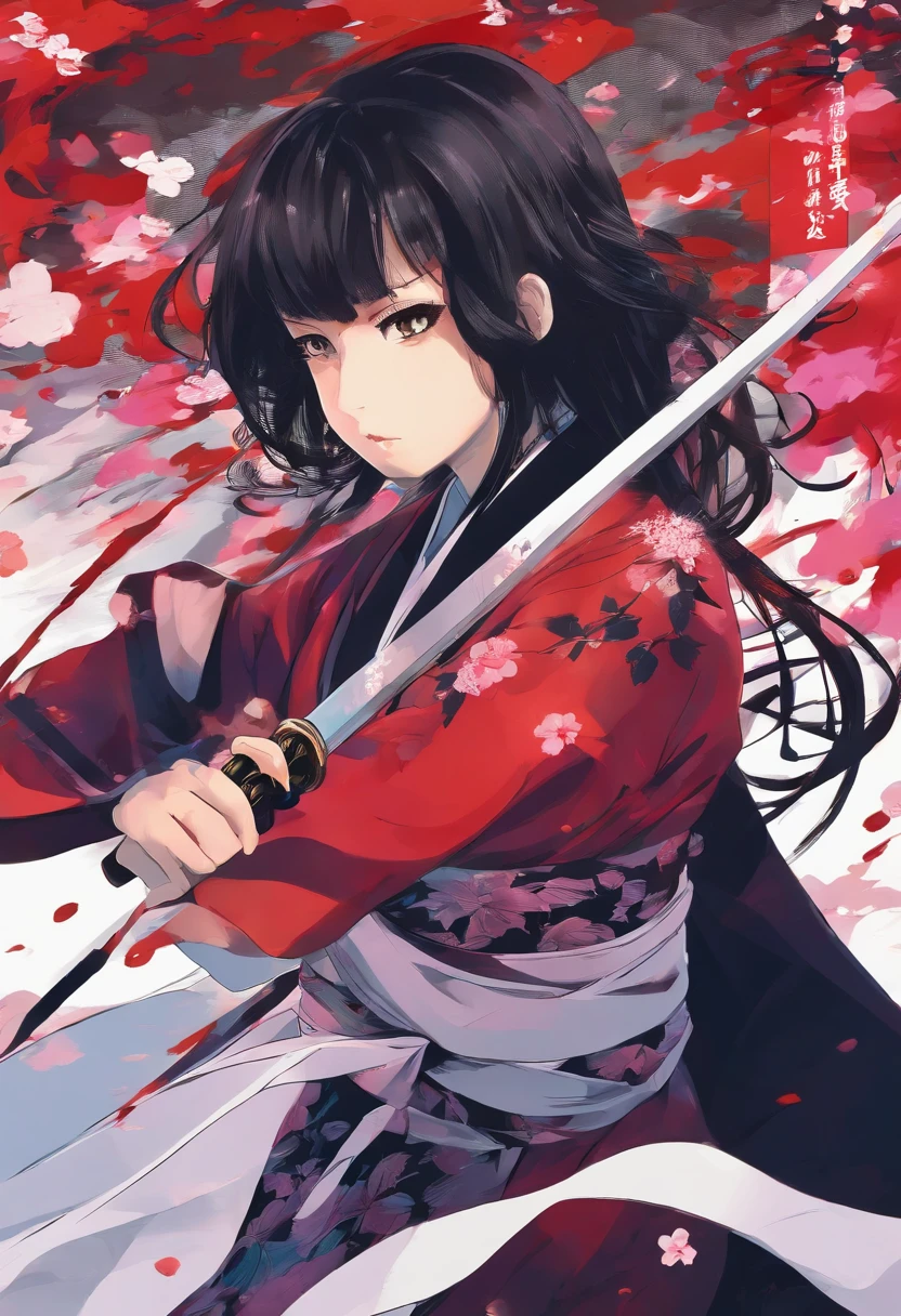 Una mujer utilizando un kimono rojo y negro,tiene cabello violeta oscuro,cabello violeta,Su rostro es serio,ojos negros,He is holding the handle of a katana that radiates water-like energy.......,estilo shusuke murata, one punch man