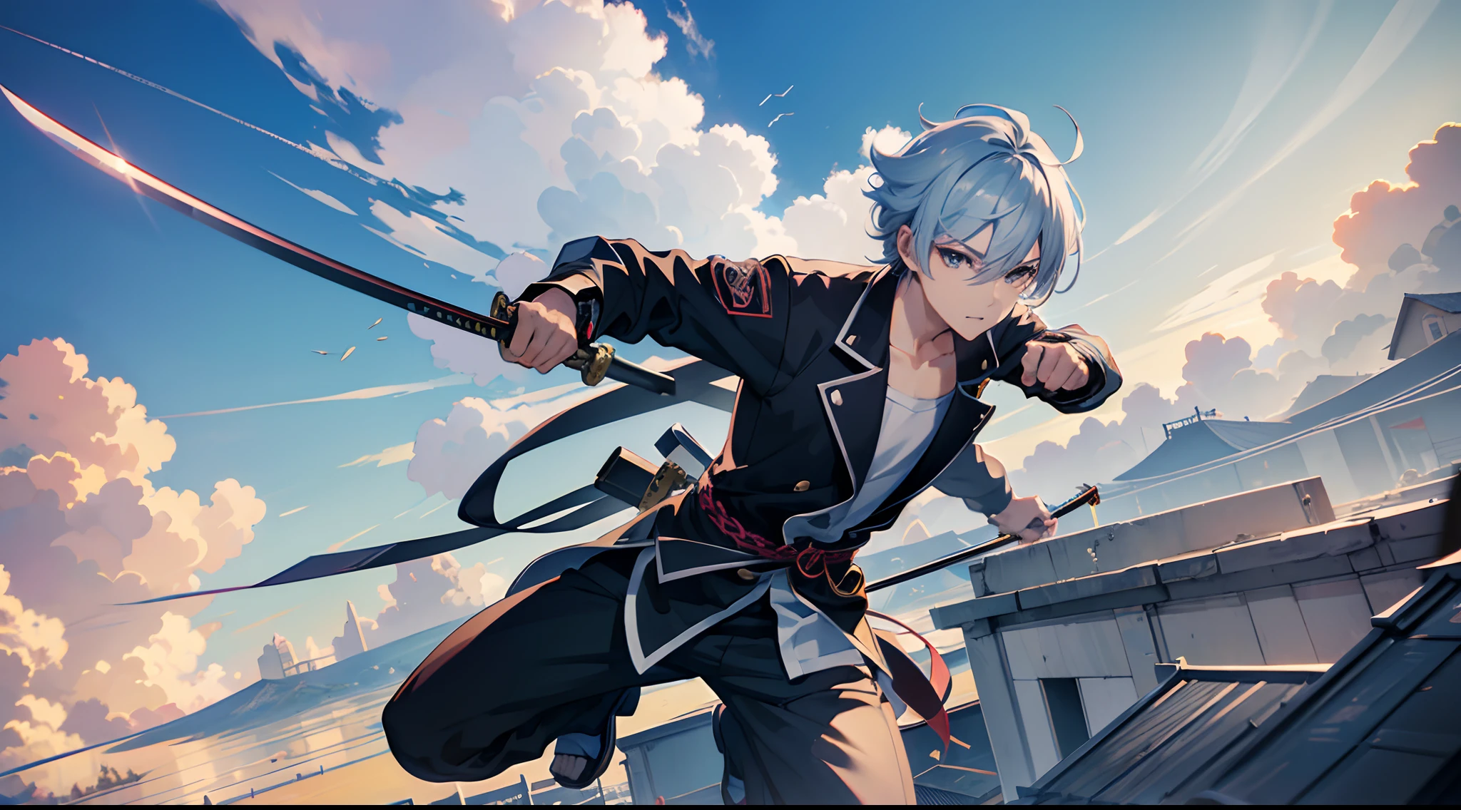 anime - style scene of a man jumping from the balcony with 2 katanas in his hands, anime art wallpaper 8 k, silver ring on his right ear, shot from backward, anime wallpaper, beautiful sky, clouds, anime wallpaper 4 k, anime wallpaper 4k, anime art wallpaper 4k, anime art wallpaper 4 k, anime style 4 k, 4 k manga wallpaper, ultra hd anime wallpaper, splash art, highly detailed.