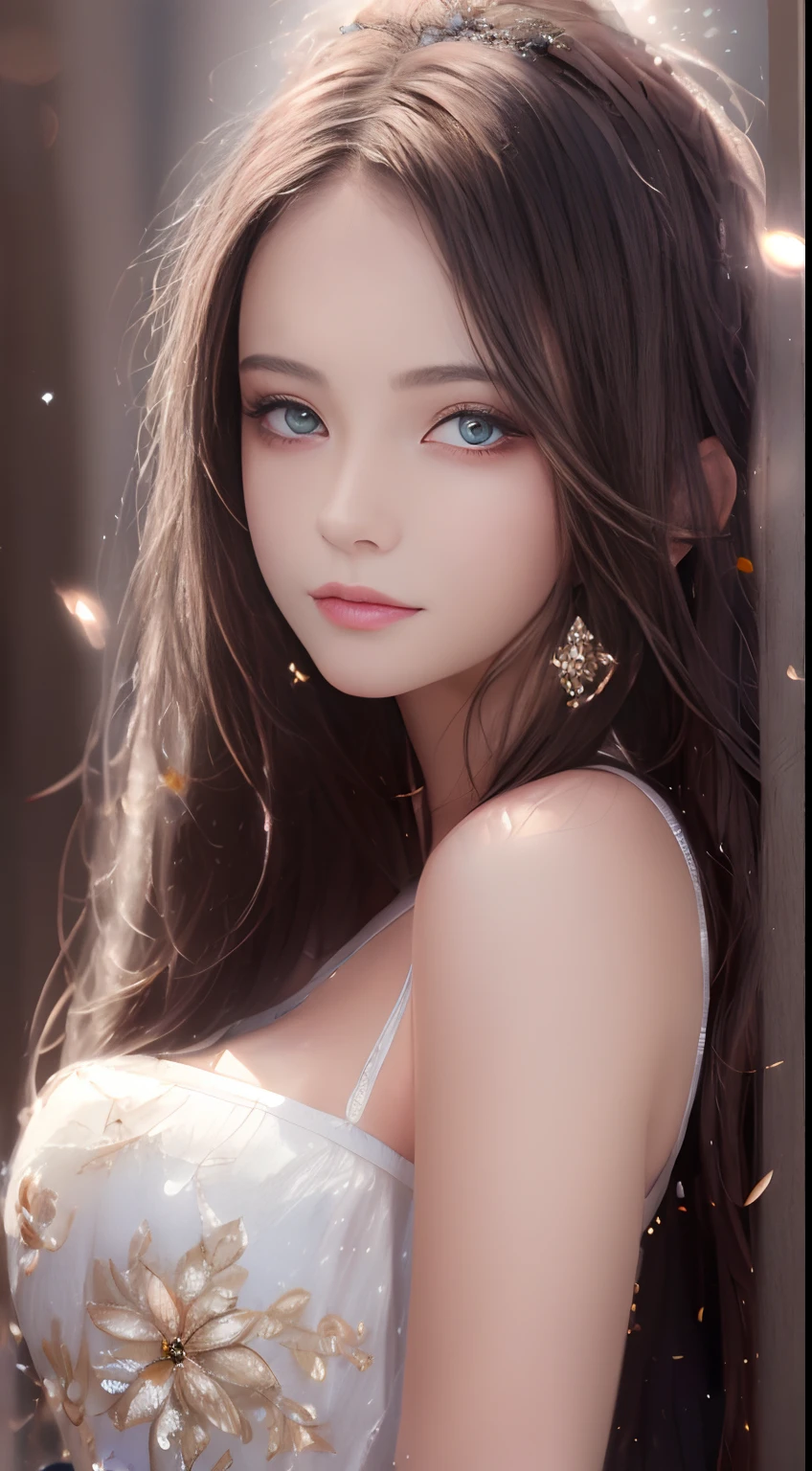 best qualtiy，tmasterpiece，A high resolution，1girll，Dingdall effect，realisticlying，edge lit，twotonelighting，（highdetailskin：1.2），8K  UHD，Pure，Sweet，Flower background，Colorful background，Based on physical rendering，Perfect light and shadow，extreme hight detail，Pink tones，Eye reflections，Raised sexy，perfect bodies，Superb beauty，largeeyes，long eyelasher，Delicate eyes，large shiny eyes，Minor pupillary reflexes，Shoulder and neck details，The pupil texture is delicate，Perfect eyes，Black pupils，best qualtiy，tmasterpiece，16k，A picture，head portrait，Bigchest，longer sleeves，Take care of your chest，Large breasts，Delicate avatar