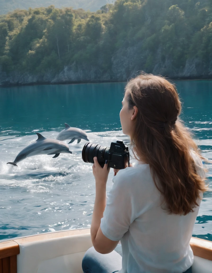 girl with a camera watching a group of dolphins aboard a boat, in the style of photo-realistic landscapes, high quality photo