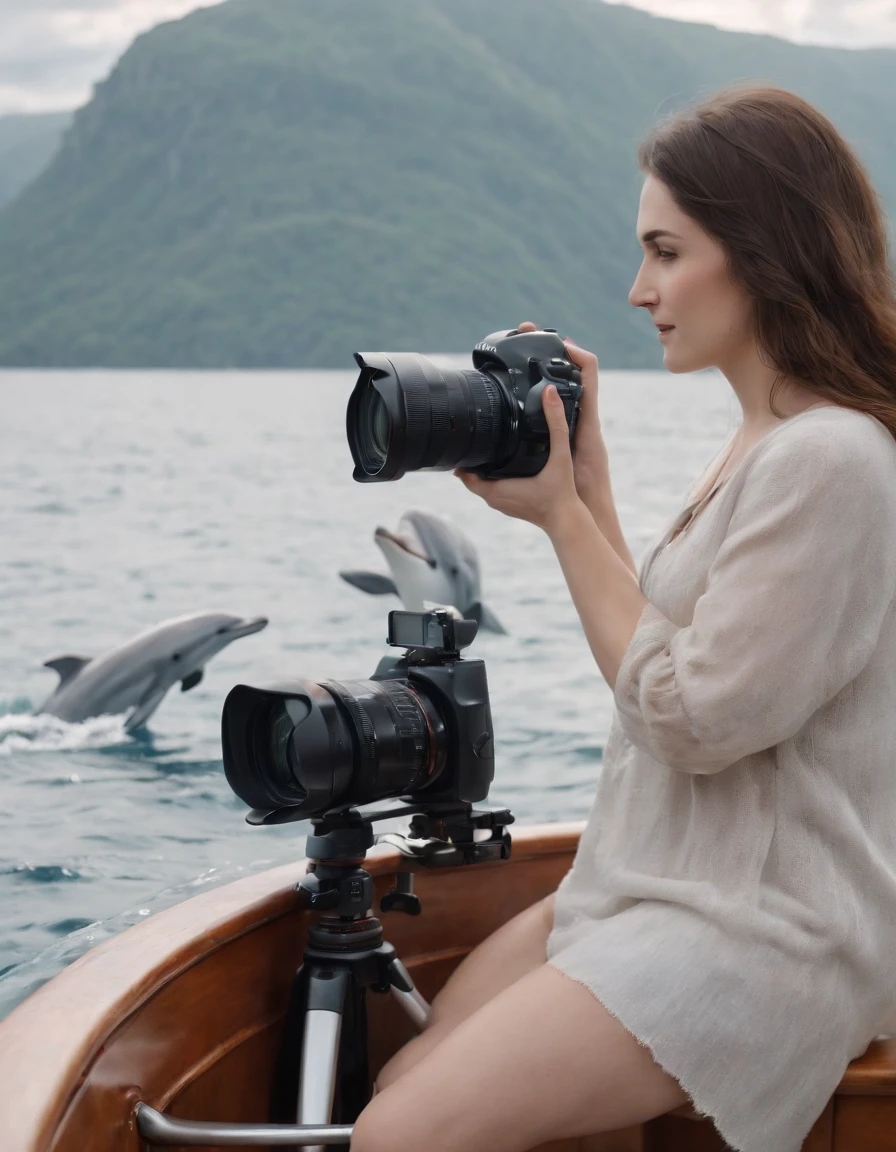 girl with a camera watching a group of dolphins aboard a boat, in the style of photo-realistic landscapes, high quality photo