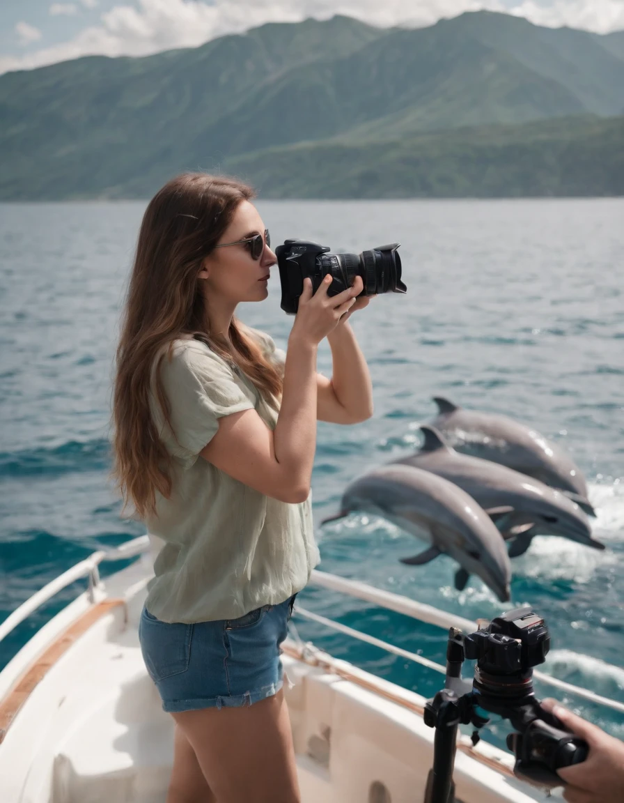 girl with a camera watching a group of dolphins aboard a boat, in the style of photo-realistic landscapes, high quality photo