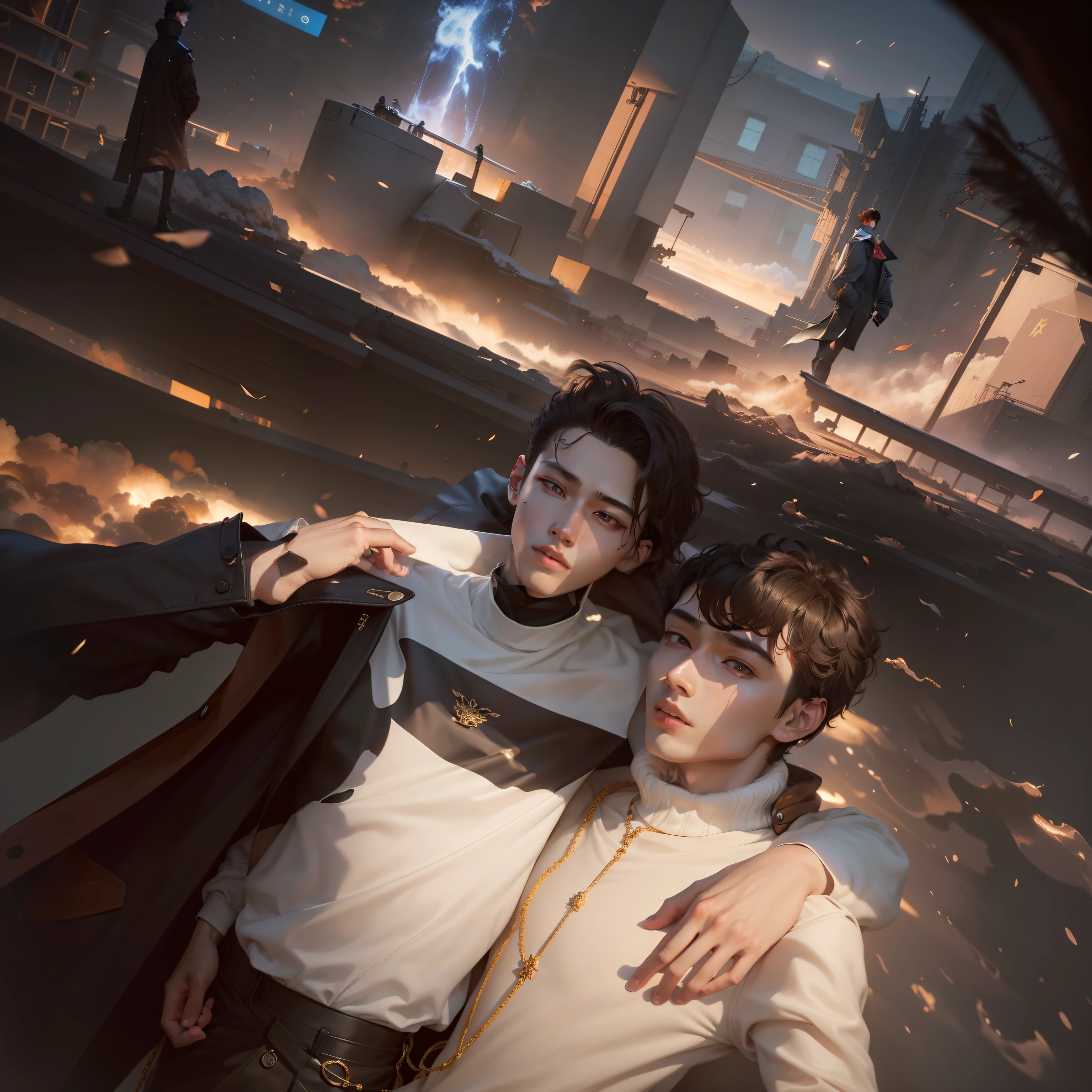 high high quality,A man wearing a necklace and coat stands in front of a white background, Cai Xukun, yanjun cheng, wearing a turtleneck and jacket, he is wearing a brown sweater, he has short curly brown hair, inspired by jeonseok lee, he has an elongated head shape, xqc, with same hairstyle, Solid Backgroud