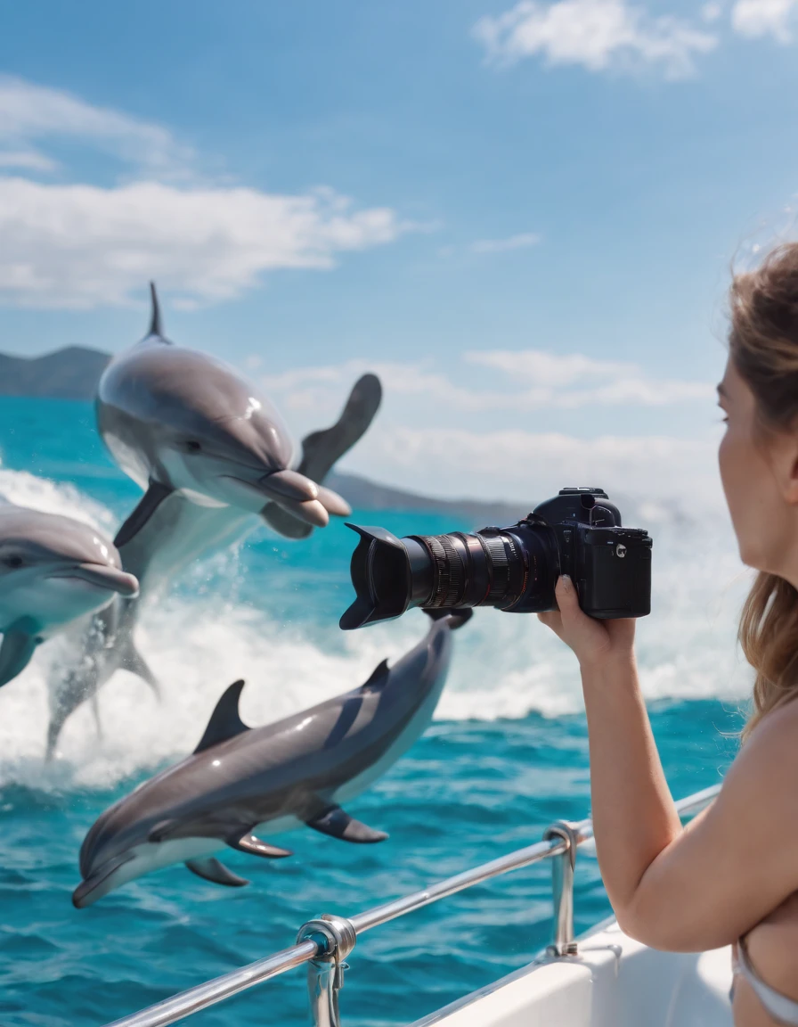 girl with a camera watching a group of dolphins aboard a boat, in the style of photo-realistic landscapes, high quality photo