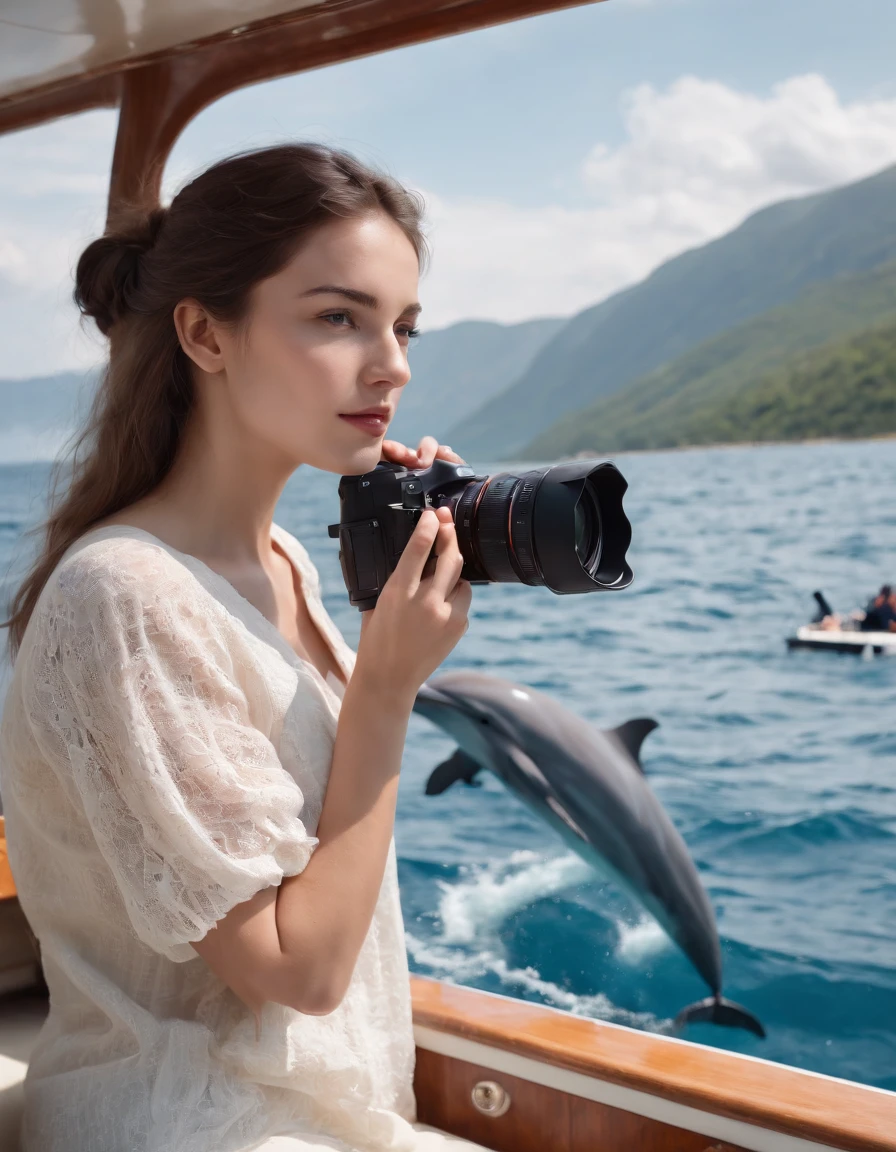 girl with a camera watching a group of dolphins aboard a boat, in the style of photo-realistic landscapes, high quality photo