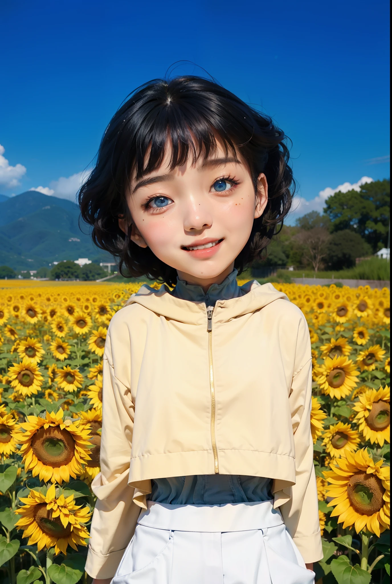 Real life adaption of this character ,korean kids beauty face,laughing expression,shinning light blue eyes,realistic outfit,realistic sunflower garden background,realistic light,realistic shadow,hyper realistic,realism,(photorealistic:1.2),realistic sae hair