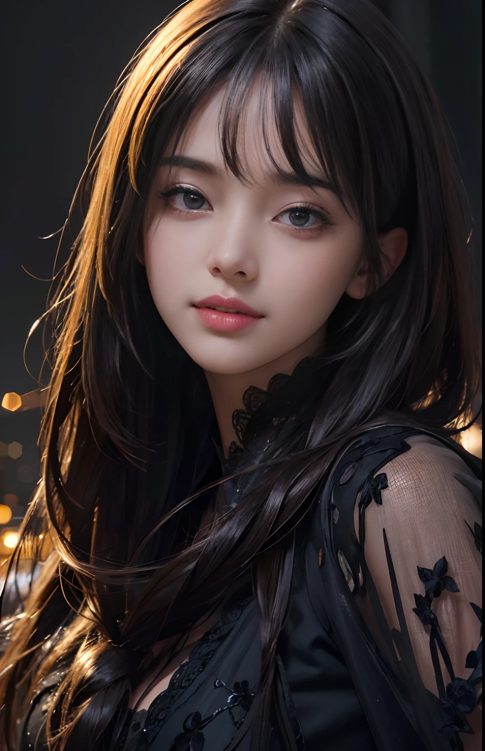 (Ultra Realistic), (Illustration), (Increased Resolution), (8K), (Extremely Detailed), (Best Illustration), (Beautiful and Detailed Eyes), (Best Quality), (Ultra Detailed), (Masterpiece ), ( wallpaper), (detailed face), solo, 1 girl, looking at viewer, fine details, detailed face, in the dark, deep shadows, low key, pureerosfaceace_v1, smiling, long hair, black shawl straight hair , 46 points oblique bangs