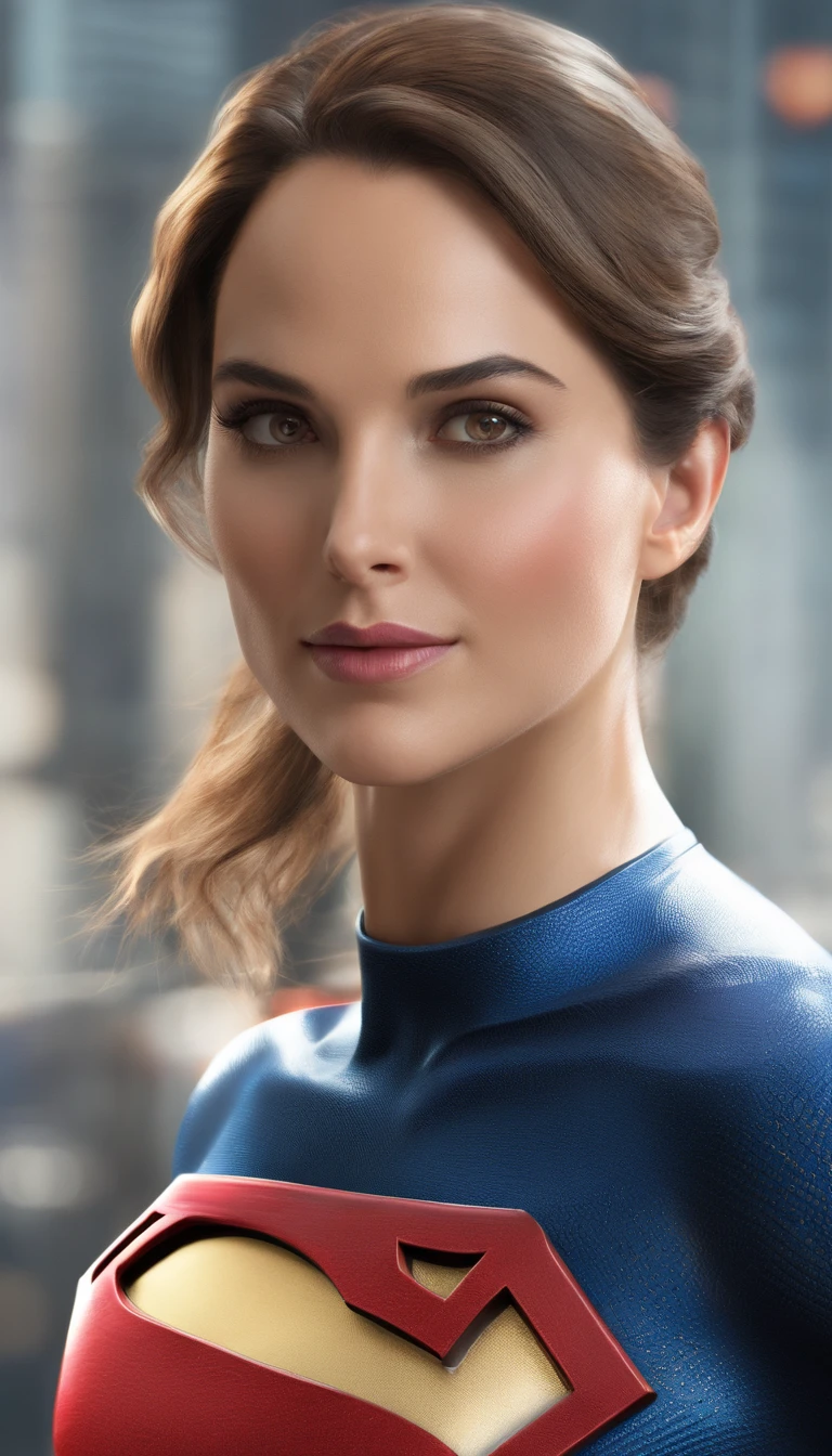 Female Superman、Beautiful Woman Superman、The face resembles Natalie Portman、Natalie portman, detailliert, perfect design, Perfect and symmetrical edges of high quality ::n_Style drawing, Low quality defects, fine portrayal、high-level image quality、8K、The background is Gotham City