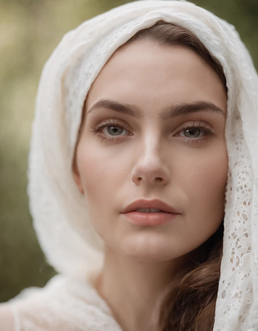 female with a white scarf on her head for stocksy united, in the style of wavy lines and organic shapes, deconstructed tailoring, wavy resin sheets, playful colors, nature-inspired motifs, tattoo-inspired, suspended/hanging