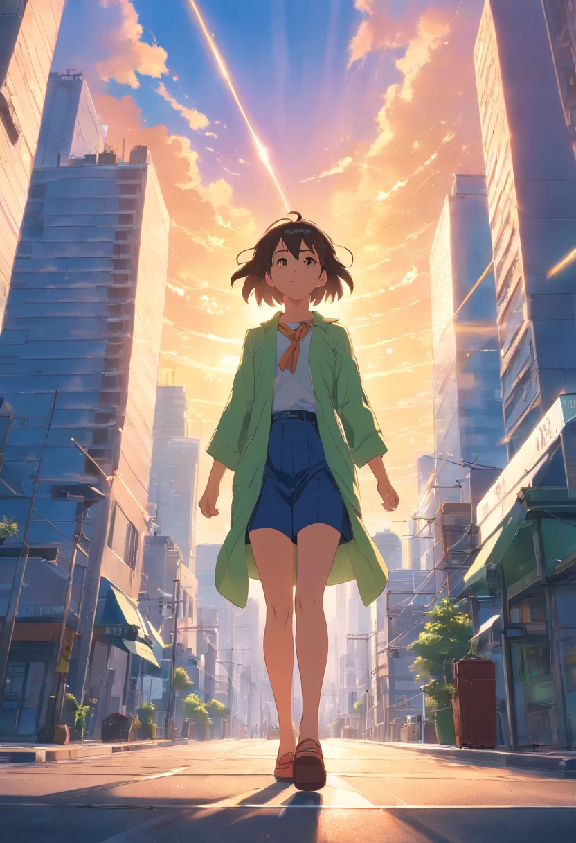 Only 1 part of it is exposed to the sun, Vast sky, Light shining on the city in the morning, glowing light, detailed structure, hyper-realistic, ultra resolution, 8k, realism