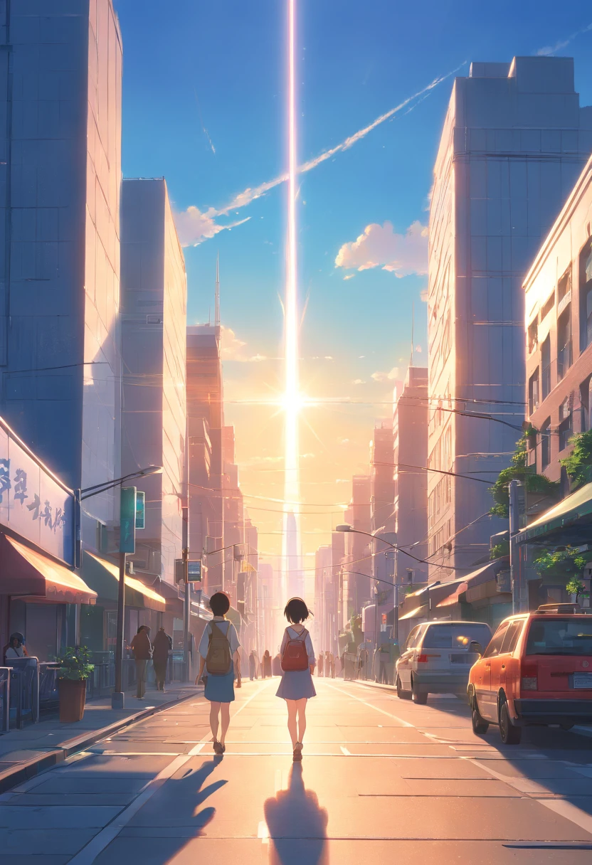 Only 1 part of it is exposed to the sun, Vast sky, Light shining on the city in the morning, glowing light, detailed structure, hyper-realistic, ultra resolution, 8k, realism