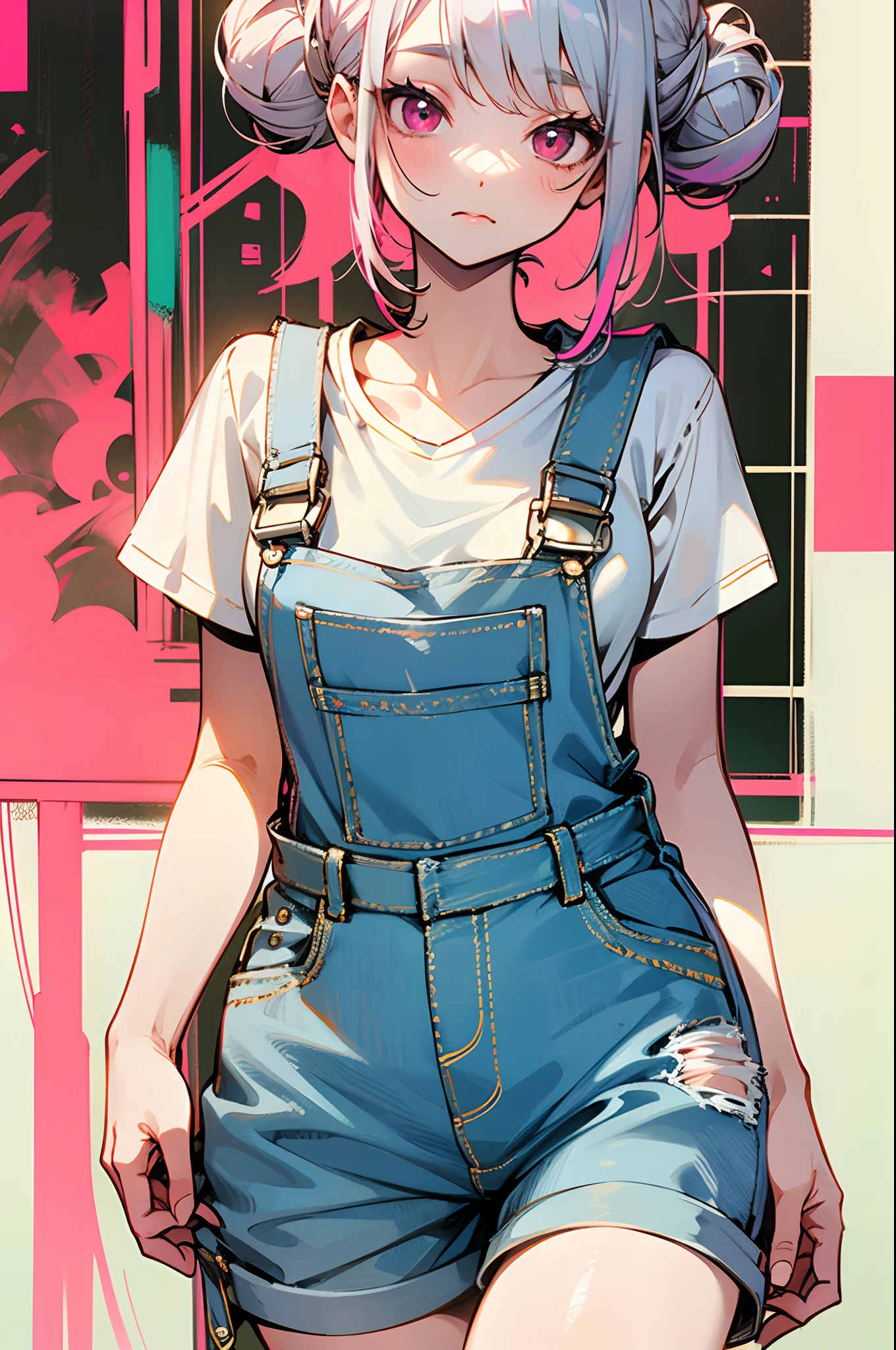 Otaru Girl、18year old、Silvery hair、Bun、Pink eyes、white t-shirts、 overalls、shortpants
