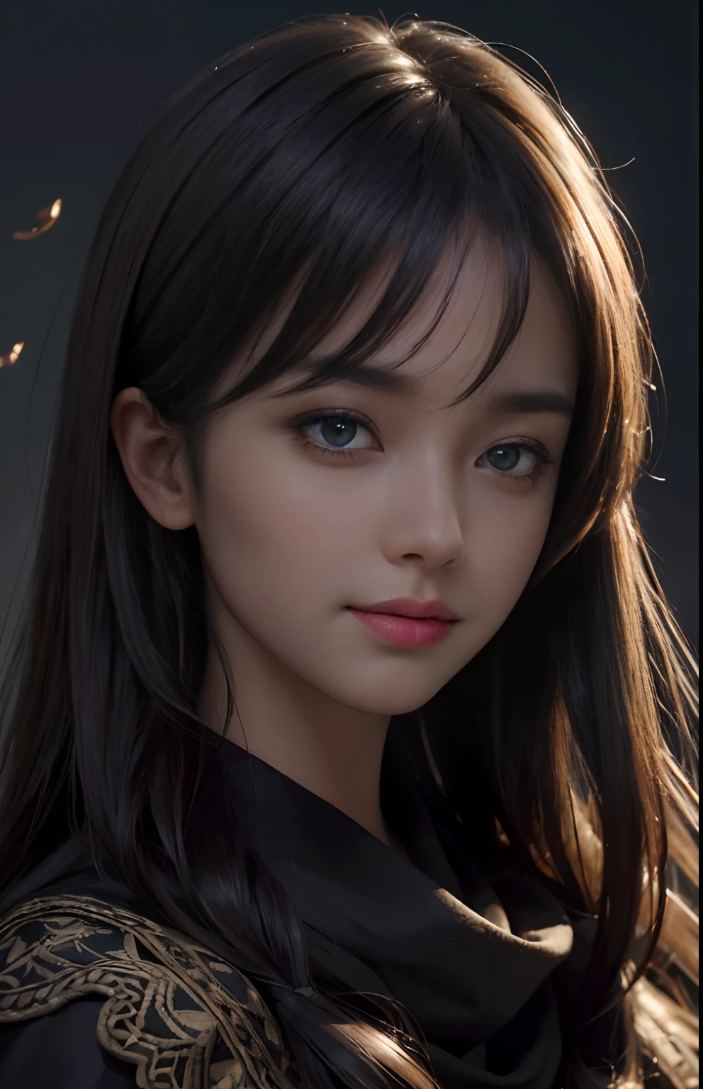 (Ultra Realistic), (Illustration), (Increased Resolution), (8K), (Extremely Detailed), (Best Illustration), (Beautiful and Detailed Eyes), (Best Quality), (Ultra Detailed), (Masterpiece ), ( wallpaper), (detailed face), solo, 1 girl, looking at viewer, fine details, detailed face, in the dark, deep shadows, low key, pureerosfaceace_v1, smiling, long hair, black shawl straight hair , 46 points oblique bangs
