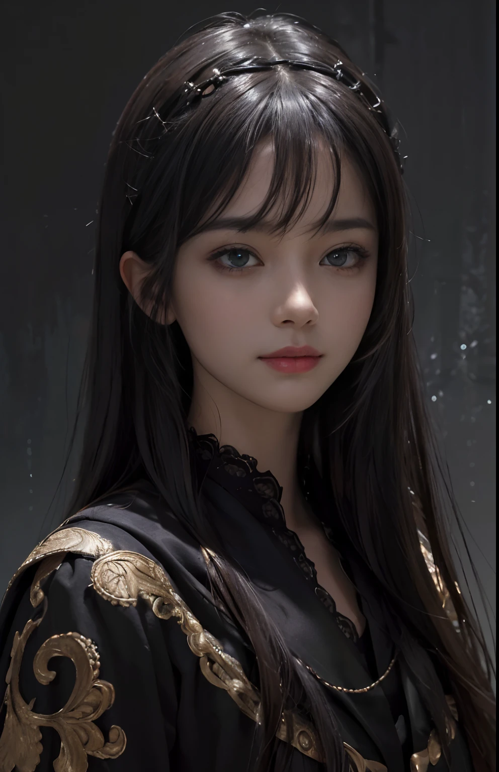 (Ultra Realistic), (Illustration), (Increased Resolution), (8K), (Extremely Detailed), (Best Illustration), (Beautiful and Detailed Eyes), (Best Quality), (Ultra Detailed), (Masterpiece ), ( wallpaper), (detailed face), solo, 1 girl, looking at viewer, fine details, detailed face, in the dark, deep shadows, low key, pureerosfaceace_v1, smiling, long hair, black shawl straight hair , 46 points oblique bangs
