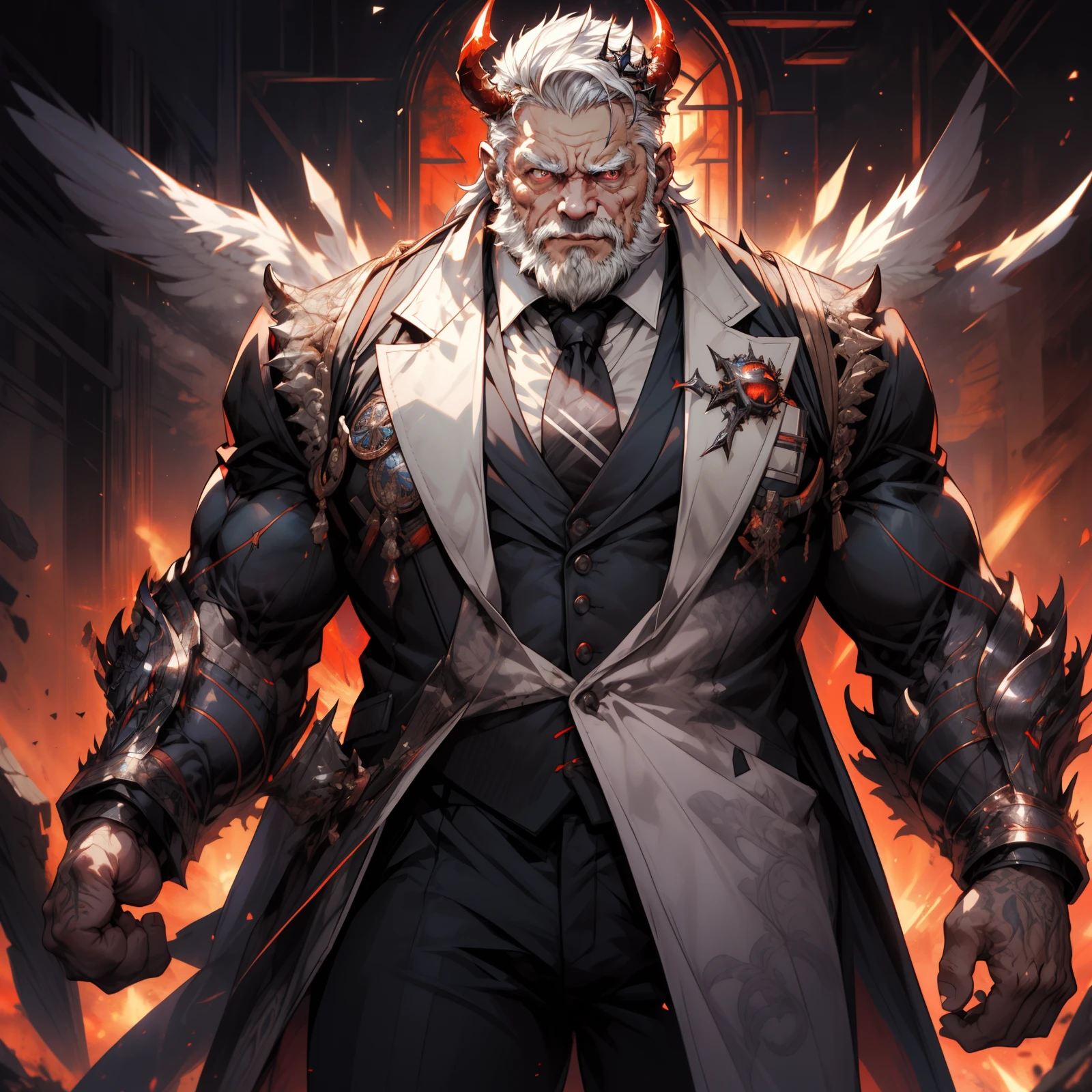 old man, (bara),admiral, thick body,(fat),(big muscle),long ornate suit.long tie,luxury,devil crown,white beard,white hair,handsome, sharp gaze, in cage,glowing red eyes,big eyes, big bulge,hd quality, masterpiece, extremely detailed, looking to the viewer, perspective view, UHD, 64k, unreal.(highly detailed skin), (detailed face), detailed background, dark lighting, twilight lighting, volumetric lighting, intricate details, UHD, evil, corrupted